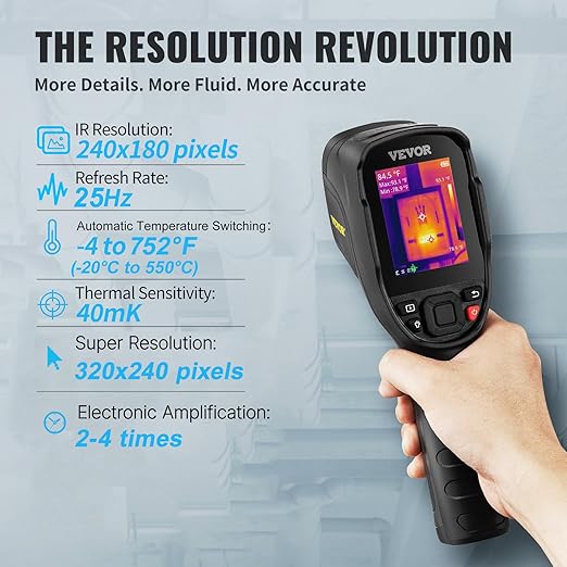VEVOR Thermal Imaging Camera, 240x180 IR Resolution with 2MP Visual Camera, 20Hz Refresh Rate Infrared Camera with -4℉~1022℉ Temperature Range, 64G Built-in SD Card and Rechargeable Li-ion Battery