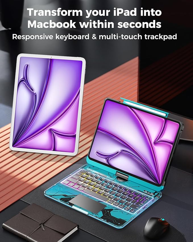TSQQST Clear Wireless Keyboard Case for iPad Air 13 Inch (M4/M3/M2, 2026/2025/2024)/ iPad Pro 12.9" (6th/5th/4th/3rd Gen), 7-Color Backlit, Pencil Holder & Multi-Touch Trackpad, 360 Rotatable, Blue