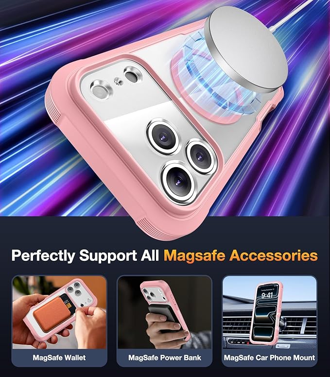 Diaclara Magnetic Designed for iPhone 17 Pro Case 6.3'' [Full Camera Protection] Full Body Bumper,[Compatible with MagSafe] Phone Case w/Built-in Privacy Screen Protector,Pink