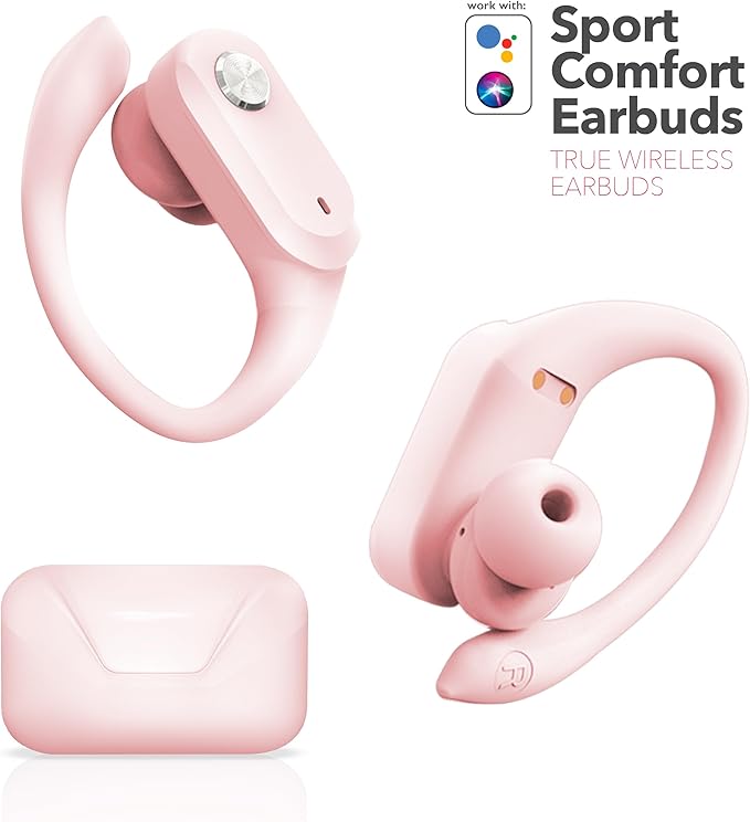 RCA Wireless Earbuds Bluetooth 5.3 Headphones Sport Sweat Resistant Sports Earphones with Earhooks,48H Playtime,Lightweight 7.8g,Fast Charging Case,Noise Cancelling Mic for Running Gym Workout-Pink