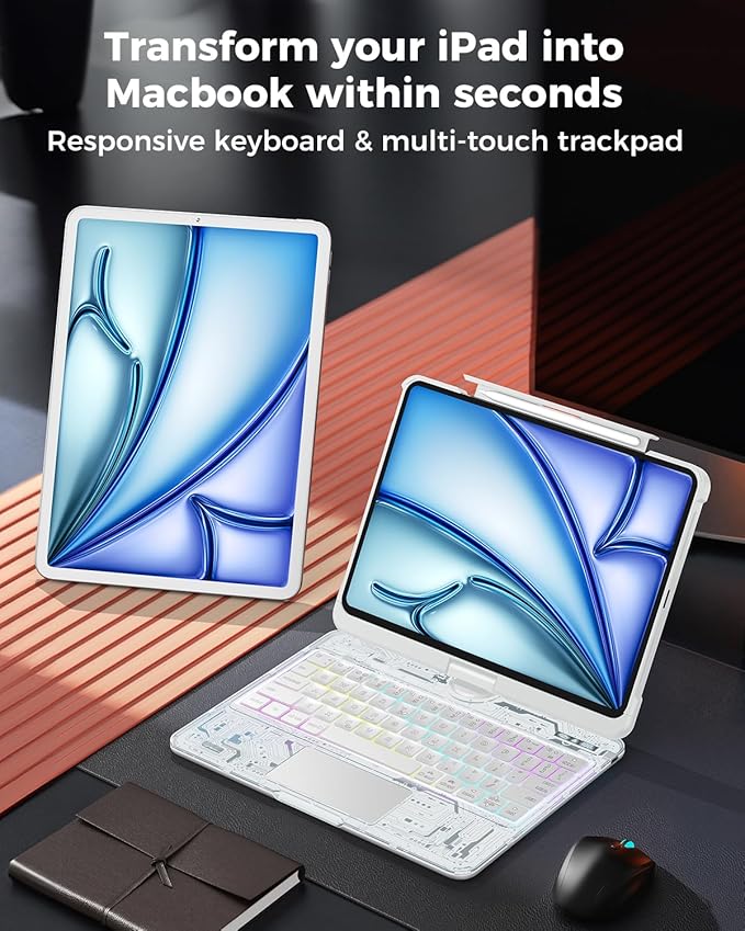 SIBEITU Wireless Keyboard Case for iPad Air 11-inch M4/M3/M2 (2026/2025/2024) & iPad Pro 11-inch 4th 3rd 2nd 1st Gen, 7-Color Backlit with Multi-Touch Trackpad for 10.9" iPad Air 4th/5th Gen, White