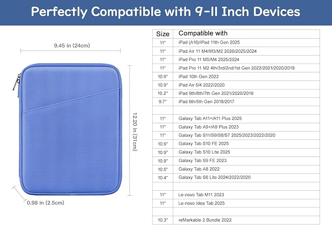 Dadanism 9-11" Tablet Sleeve Bag Carrying Case for iPad (A16) 11th Gen 11", iPad 10th Gen 10.9" Air 5/4, iPad Air M4/Pro 11", iPad 9/8/7th, Galaxy Tab A11+ Plus 11", Remarkable 2 10.3", Periwinkle