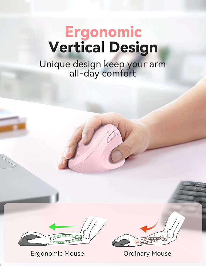 TECKNET Ergonomic Mouse, Bluetooth Wireless Vertical Mouse, Rechargeable Battery, Quiet Clicks, 4800 DPI Adjustable, BT5.0/3.0 & 2.4G Connect, Easy to use, Wide Compatibility - Pink
