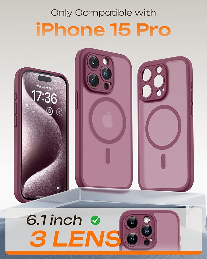 TOCOL for Phone 15 Pro Case, Compatible with Magsafe Charger, Full Camera Protection, Drop Protection, Translucent Matte Phone Case for iPhone 15 Pro 6.1 inch (Plum)