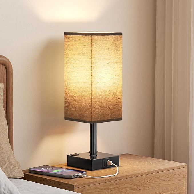 Touch Bedside Table Lamp for Nightstand - 3-Way Dimmable Night Lamp with USB A + Type C Charging Ports and Two AC Outlets, Small Desk Light with E26 LED Bulb for Bedroom Living Room Dorm Office,Black