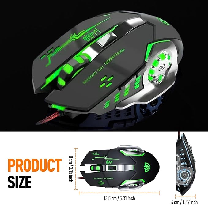 Guiheng Wired Gaming Mouse, Optical USB Mice for Laptop/Desktop, 1200 to 3600 and RGB Light, Ergonomic with 6 Programmable Buttons for Computer Windows 7/8/10/XP Vista Linux Chromebook PC (Black)