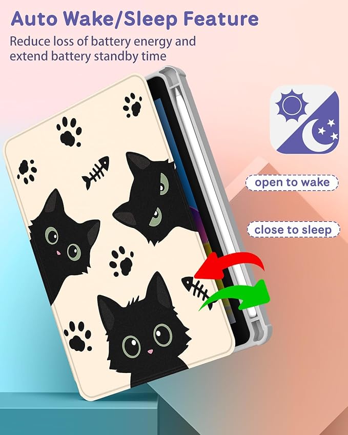 Uppuppy for iPad mini 7 Case (A17 Pro) for iPad mini 6th Generation Case - 360 Rotating Stand Folio Smart Cover with Pencil Holder for Women Girls, Black Cats for Apple Tablet Mini 8.3 inch 2024/2021