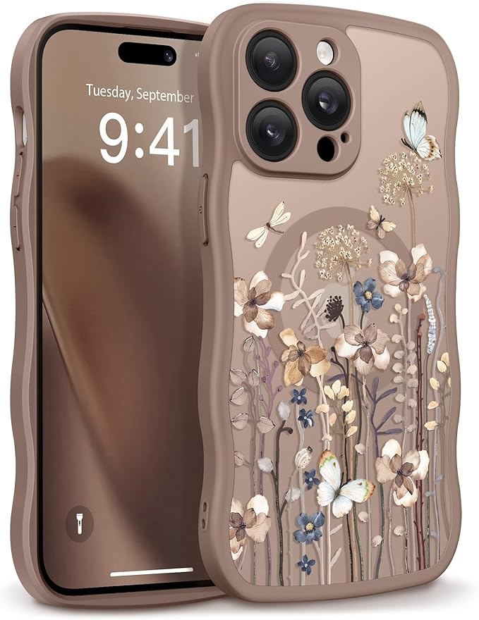 GVIEWIN for iPhone 14 Pro Max Case Compatible with MagSafe [Curly Wave Edge][Full Camera Protection] Floral Translucent Shockproof Magnetic Women Phone Case for 14 Pro Max, Autumnflit/Brown