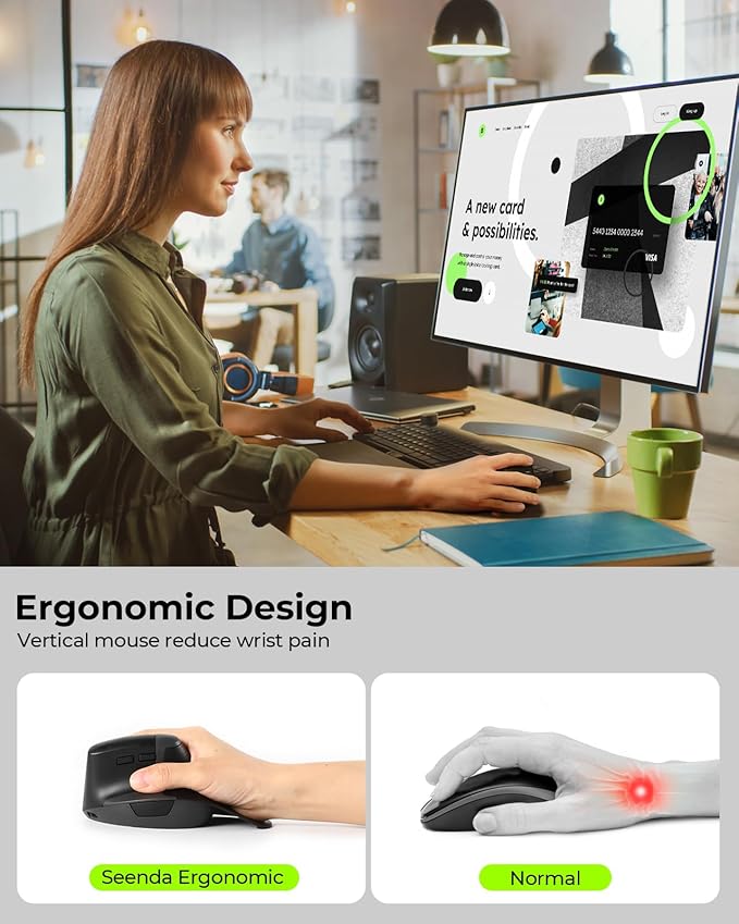 Seenda MOE302 Vertical Ergonomic Mouse with Palm Rest, Rechargeable Wireless Mouse for Wrist Pain Relief, One-Click Desktop Shortcut, Silent Click, 4 DPI, USB & Type-C Receiver, for Laptop & PC(Black)