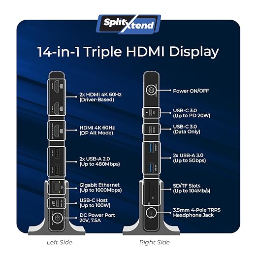 OREI DisplayLink Docking Station 3 Monitors – 3X 4K@60Hz HDMI – 6X USB (4X USB 3.0), Gigabit Ethernet, 100W PD, AUX – Triple Monitor Docking Station with Win & Mac Support