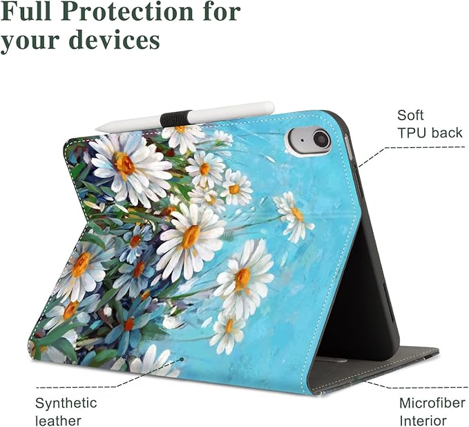Vimorco Case for iPad (A16) 11th Generation 2025, for iPad 11th/10th Generation Case, Faux Leather Protective Adjustable Cover, Auto Sleep/Wake, Card Pocket with Pencil Holder for iPad10th Gen, Daisy