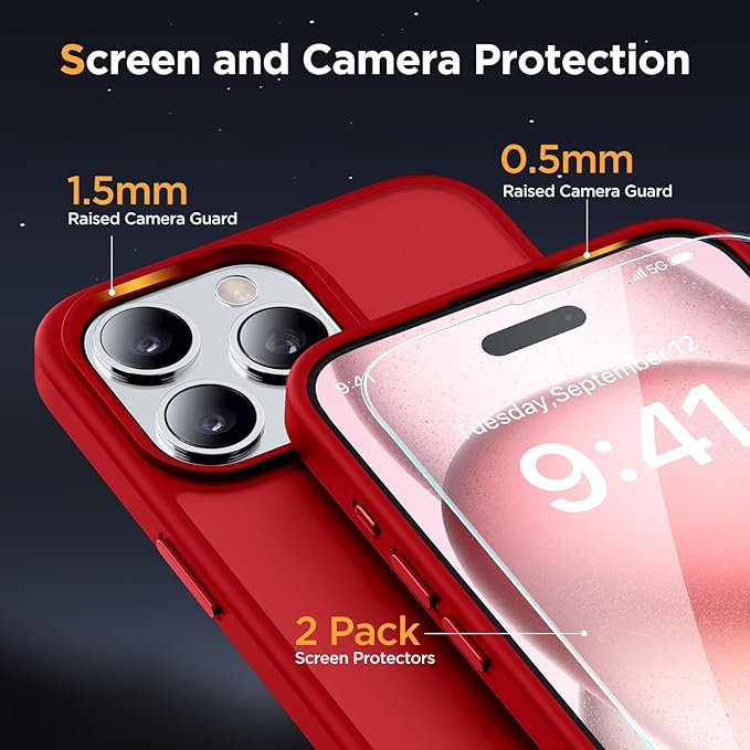 Miracase Magnetic for iPhone 15 Pro Max Case 6.7 inch (Compatible with MagSafe)（with 2X Screen Protectors）Military-Grade Protection, Anti-Fingerprint Translucent Matte Phone Cover, Red