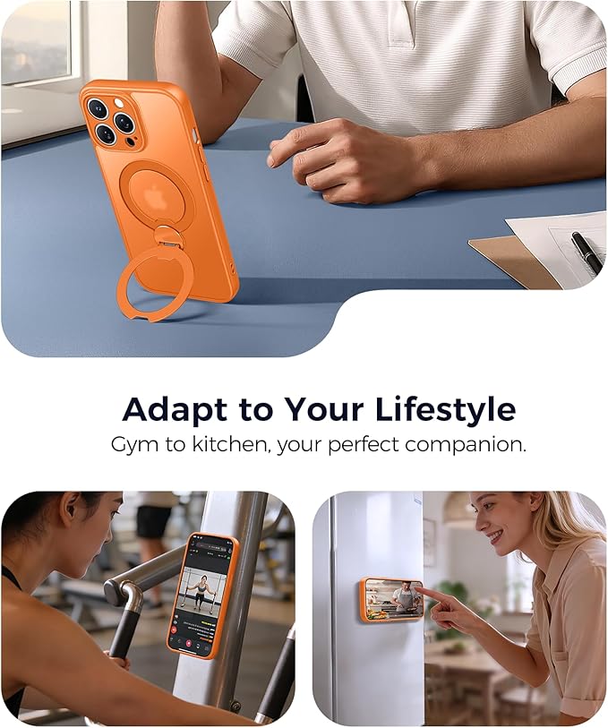 FNTCASE for iPhone 13 Pro-Max Case: [360 Spin Magnetic Stand] [Compatible with Magsafe] [Screen Protector] Translucent Matte Military Grade Shockproof Full Camera Protective Phone Cover - Orange