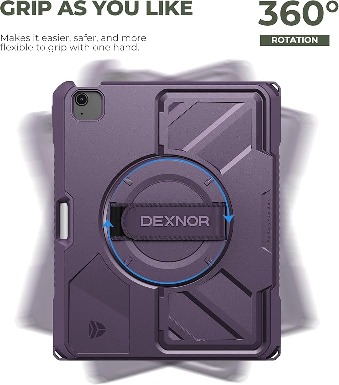 Dexnor Case for iPad Air 13 inch M4/M3/M2 (2026/2025/2024), Rugged Protective Case with 360° Rotating Hand Strap& Steady Stand&Screen Protector&Pencil Holder Shockproof Full-Body Bumper Cover, Purple