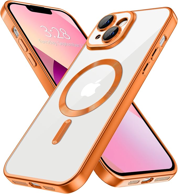 Hython Magnetic Clear for iPhone 13 Case with Camera Lens Protector [Compatible with MagSafe] Luxury Plating Edge Slim Soft TPU Cover Protective Phone Case for iPhone 13 6.1", Matte Orange