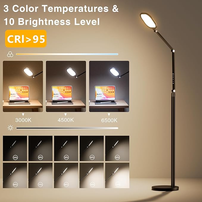 LitONES Ring Light with Stand, 15W Dimmable Zoom Lighting for Computer, Home Office, Reading, Video Calls, 66 Inches Floor Lamp with Flexible Swing Arm, AC Plug, Remote, Memory & Timer CRI >95
