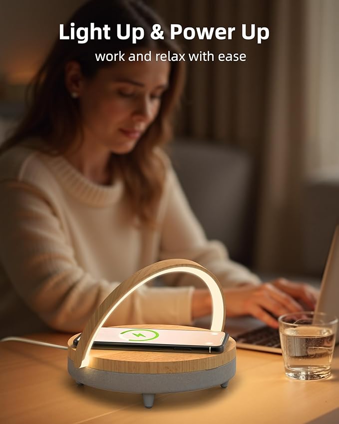 EZVALO Birthday Gifts for Women, Music Table Lamp with Wireless Charger, 4 in 1 Touch Bedside Lamp, Bluetooth Speaker, Phone Holder, Dimmable LED Night Lights Birthday Gifts for Women, Men, Dad, Mom