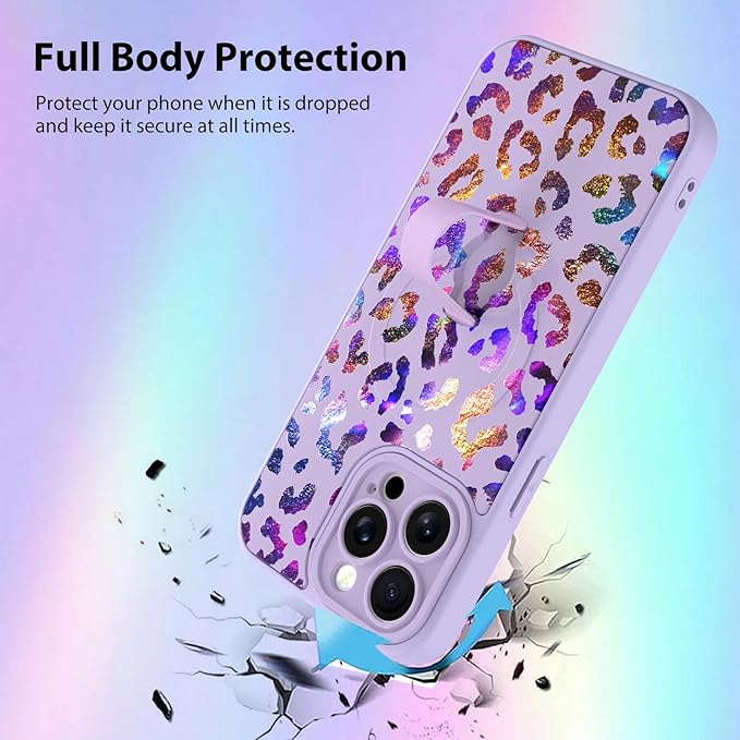KANGHAR Compatible with iPhone 15 Pro Max Case, Support for MagSafe, Silicone Cute Iridescent Leopard Cheetah Pattern, Wristband Kickstand Shockproof Protective Slim Cover for Women Girls, Purple