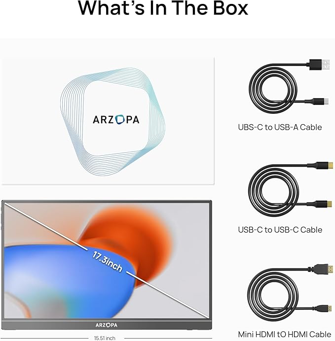 ARZOPA 17.3" Portable Monitor, 1080P FHD 103% sRGB IPS Gaming Monitor Laptop Monitor with Built-in Kickstand HDMI USB C External Screen for PC Mac Phone Xbox PS5 - A1M