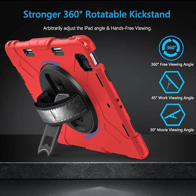 Miesherk Case for iPad Pro 12.9 Inch 6th/5th/4th Generation, Military Grade Heavy Duty Shockproof iPad Pro 12.9 Case - Rotating Stand, Pencil Holder, Hand/Shoulder Strap, Black+Red