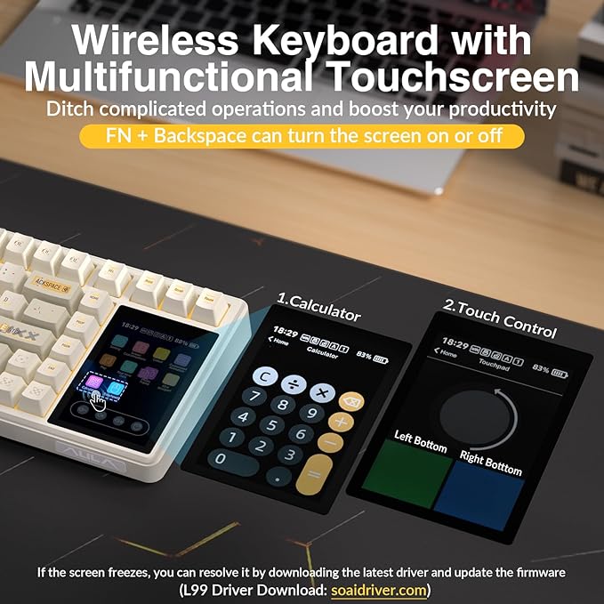 Aula L99 Wireless Mechanical Keyboard with Smart Touch Screen,Tri-Mode Hot Swappable Custom Gaming Keyboard,RGB Backlit,PBT Keycap,Gasket Mount Creamy Sound Computer Keyboards for Office PC,84 Keys