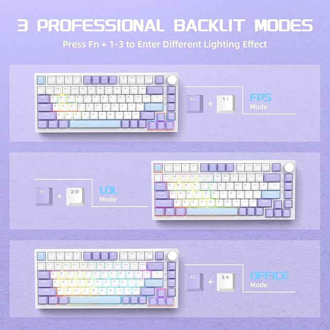 A.JAZZ Attack Shark AK820 75% Wired Mechanical Gaming Keyboard with Knob Hot Swappable Custom Gasket RGB Keyboard NKRO Linear Sea Salt Switch for PC/Win/Mac-Purple/Blue
