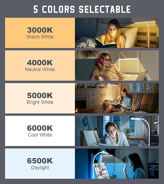 Desk Lamp for Home Office with Base, Eye-Caring Desk Light with Adjustable Gooseneck, 12W USB Adapter Touch Control 5 Dimmable Brightness & Color Tall Lamp for Work, Computer, Study, Task