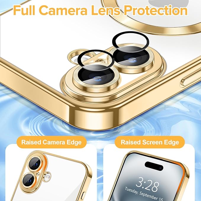 Hython Magnetic Clear for iPhone 16 Plus Case with Camera Lens Protector [Compatible with MagSafe] Luxury Plating Edge Slim Soft TPU Cover Protective Phone Case for iPhone 16 Plus 6.7", Gold