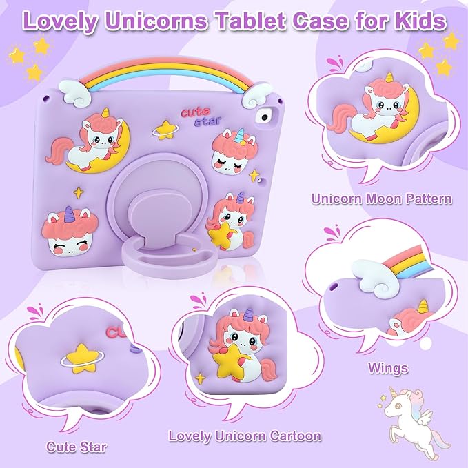 HianDier for iPad 9th 8th 7th Generation Case Kids Girls Cute Unicorn with Rainbow Handle Detachable Lanyard Rotatable Kickstand Shockproof Protective Cover for iPad 10.2 Case 2021 2020 2019-Purple