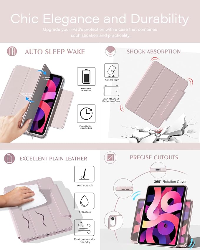 ZENLU iPad Air 10.9/11 inch Case with Removable Magnetic Folio Cover, Premium PU Leather, Multiple Angles Stand, Pencil Slot Charging Support, Full Protective Case for iPad Air 7 6 5 4 Gen (Pink)