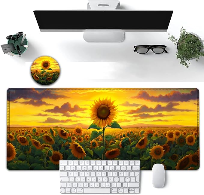 Large Mouse Pad, 31.5 x 11.8in Extended Gaming Mouse Pad with Stitched Edges, XXL Mousepad Protector Non Slip Rubber Base for Office and Home Writing Mat, Sunflower Field Pattern Desk Mat