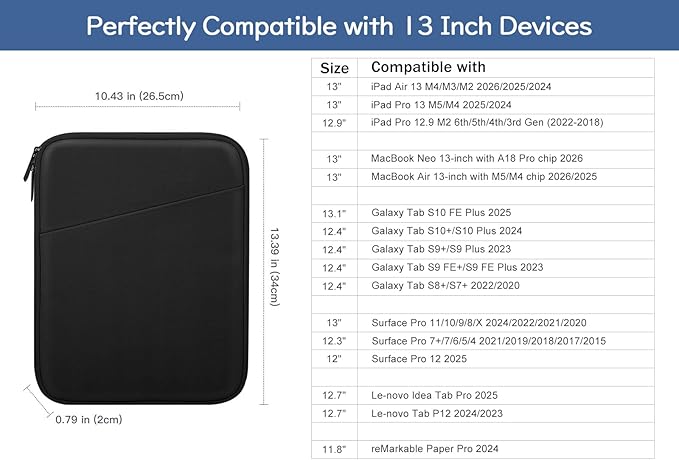 Dadanism 13 Inch Tablet Sleeve Bag Carrying Case for iPad Pro 13" M5/M4 2025/2024, iPad Air 13" M4/M3 2026/2025, iPad Pro 12.9", Galaxy Tab S10+/S9 FE+/S9+ 12.4", Remarkable Paper Pro 11.8", Black