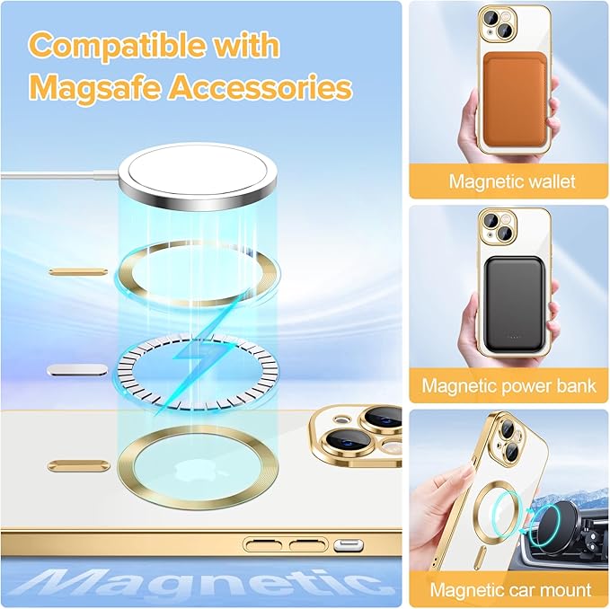 Hython Magnetic Clear for iPhone 14 Case with Camera Lens Protector [Compatible with MagSafe] Luxury Plating Edge Slim Soft TPU Cover Protective Phone Case for iPhone 14 6.1", Gold