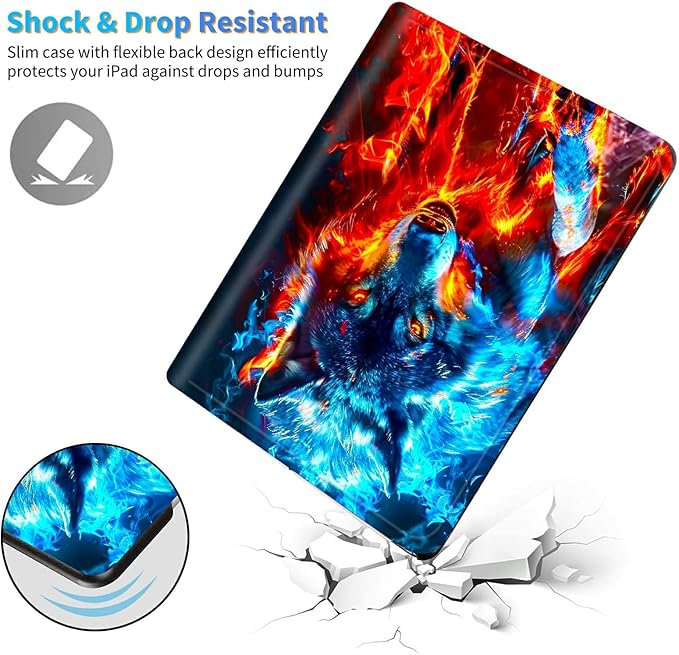 for Amazon Kindle Fire 7 (9th/7th/5th Generation, 2019/2017/2015 Release) 7" Tablet Case, Slim Kickstand Stand Leather Smart Cover with Auto Wake/Sleep, Red Blue Flaming Wolf