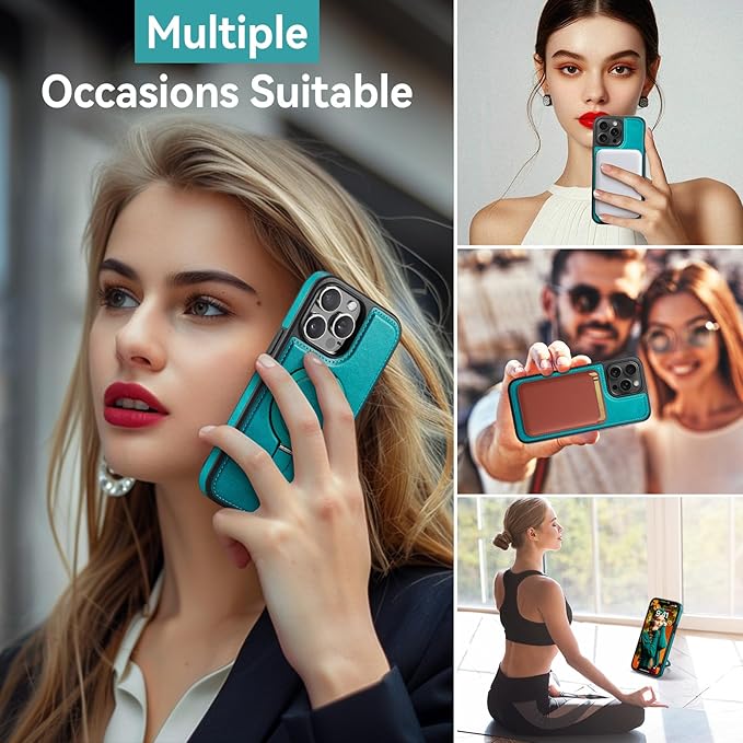 for iPhone 15 Pro Max Case with Stand, Compatible with MagSafe, Slim Thin PU Leather & Durable TPU Drop-Proof Protective Phone Cases with Tempered Glass Screen Protector 6.7", Turquoise