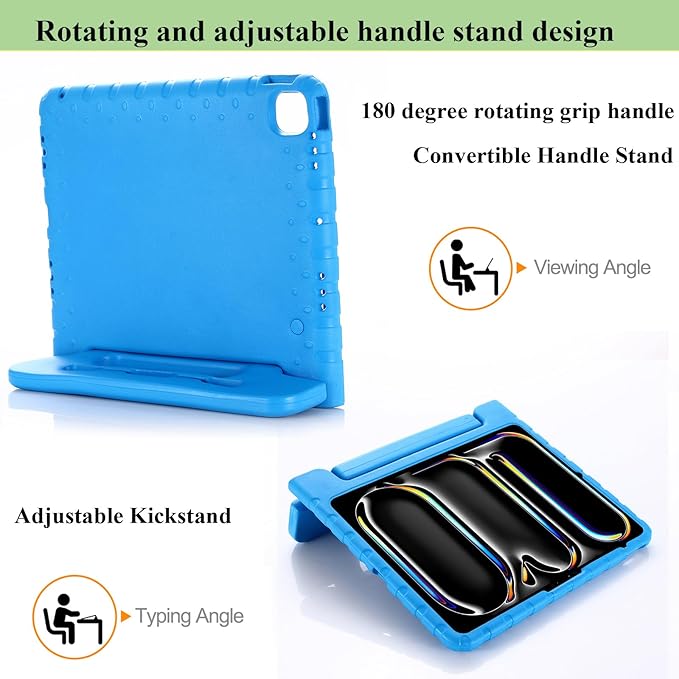 for iPad Air 13-inch Case M3/M2 (2025/2024) for Kids with Pencil Holder/Kickstand, Anti-Slip Handle Stand Lightweight Soft EVA Foam Shockproof Rugged Bumper Tablet Protective Cover, Blue