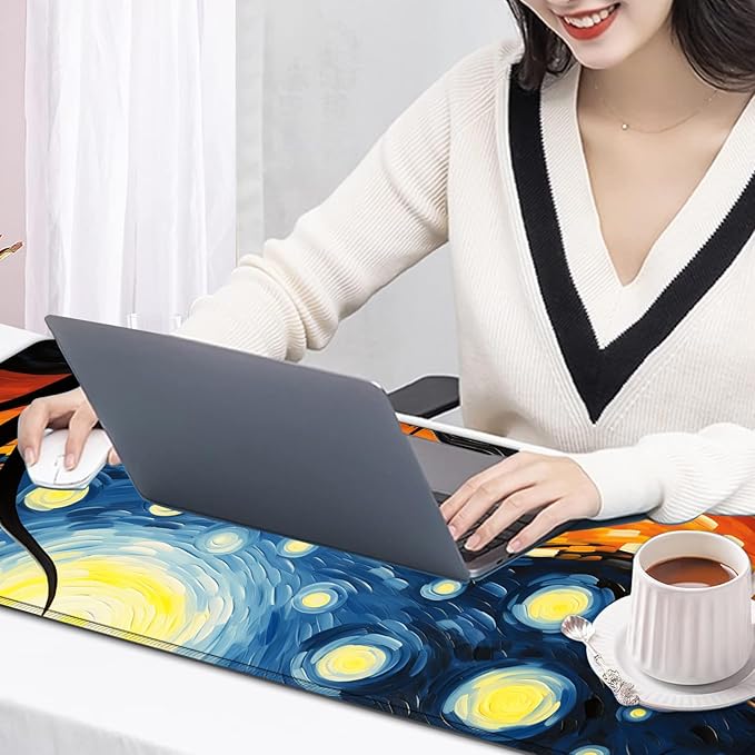 Large Mouse Pad, 31.5 x 11.8in Extended Gaming Mouse Pad with Stitched Edges, XXL Mousepad Protector Non Slip Rubber Base for Office and Home Writing Mat, Funy Starry Night Black Cat Pattern Desk Mat
