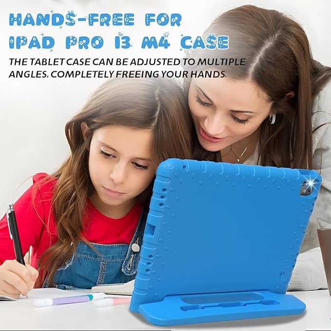 for iPad Pro 13 inch Case 2024, Shockproof Kids iPad 13 Pro Case, Protective Cover for iPad Pro 13 M4 with Pencil Holder, Anti-Slip Handle Stand, Blue