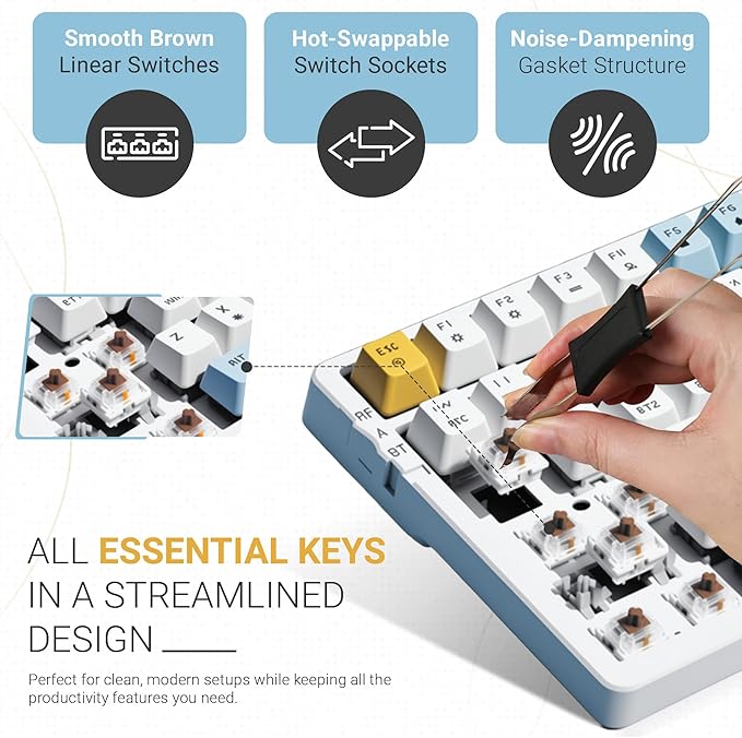 Qisan Wireless/Wired Mechanical Gaming Keyboard ,Triple Mode 2.4G/USB-C/BT (98%)Wireless Mechanical Keyboard with US Layout | Brown Switch Rechargeable RGB Backlit Keyboards for Gaming, White & Yellow