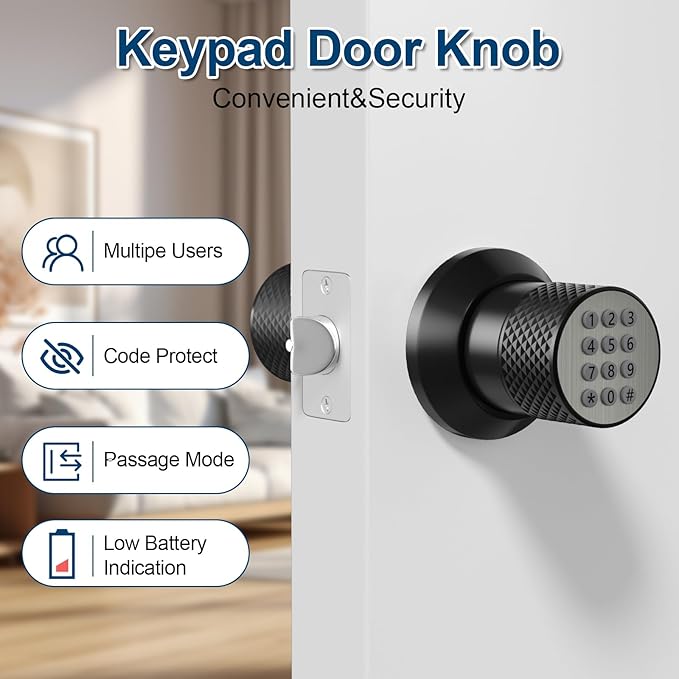 FITNATE Door Knob with Keypad,Digital Door Lock for Keyless Entry,Electronic Door Lock with Spare Keys,Auto Lock, Anti-Slip Handle, Easy to Install for Bedroom,Home and Office