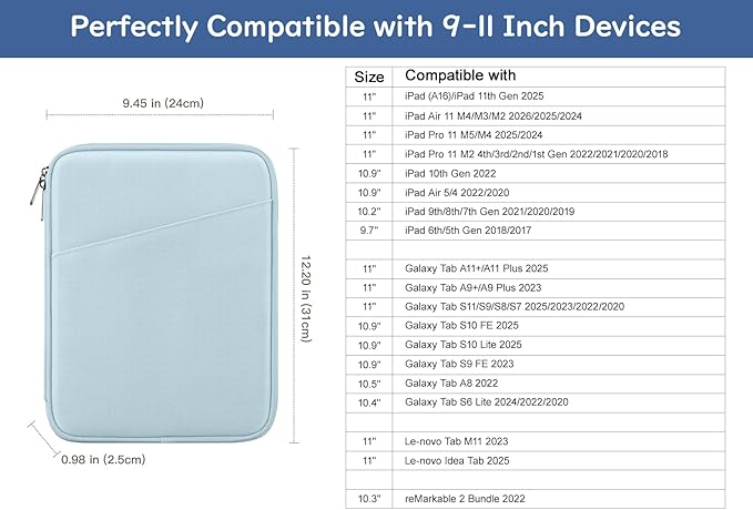 Dadanism 9-11" Tablet Sleeve Bag Carrying Case for iPad (A16) 11th Gen 11", iPad 10th Gen 10.9" Air 5/4, iPad Air M4/Pro 11", iPad 9/8/7th, Galaxy Tab A11+ Plus 11", Remarkable 2 10.3", Milk Blue