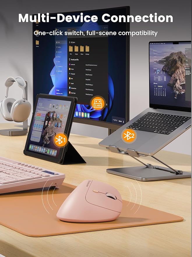 SABLUTE MAM3 Ergonomic Mouse, Rechargeable Wireless Vertical Mouse with 4 Adjustable DPI for Small/Medium Hands, Dual-Device Connectivity for Computer/PC/Laptop,Bluetooth Mouse for Window,Mac OS,Pink