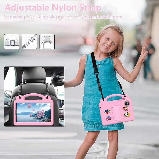 AKABEILA Compatible with Honor Pad X7 8.7 inch 2025 Tablet Case, Kids Friendly Universal Lightweight Shockproof Protective Case with Shoulder Strap & Stand Handle Pink