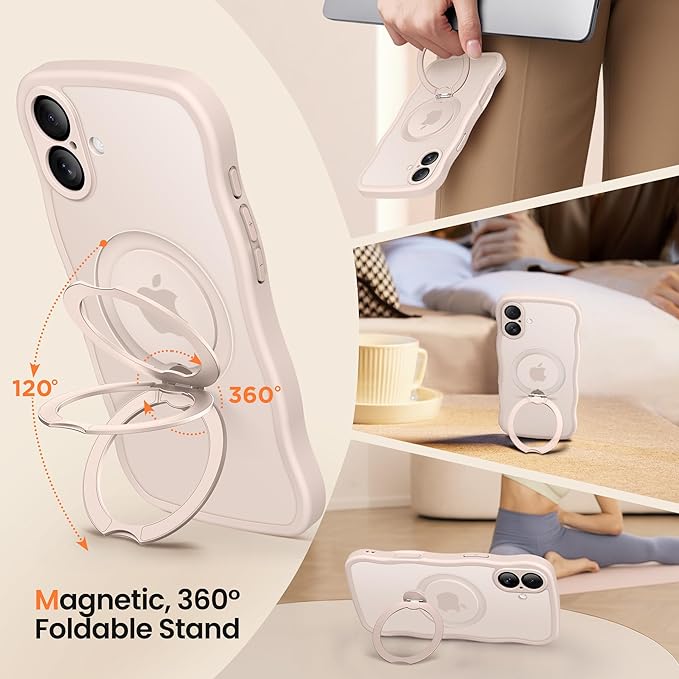 CAPRARO for iPhone 16 Plus Case with 360° Spin Magnetic Stand for Women, [Compatible with MagSafe] [Full Camera Protection] Cute Wave Translucent Matte Case for iPhone 16 Plus, Pink Gold