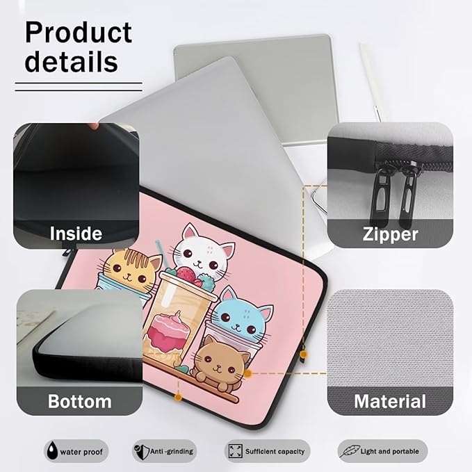 Cute Cat Laptop Sleeve for Women Girls 13 inch Laptop Protector with Multiple Uses Lap Top Case Lightweight Computer Carrying Case Kawaii Tablet Bag for Daughters Pink