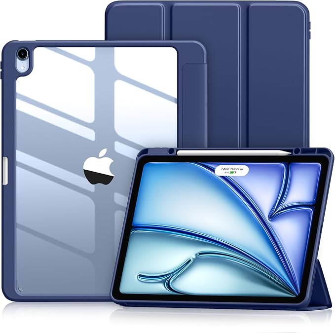 Wenlaty for iPad Air 13 Inch Case M4/M3/M2 (2026/2025/2024) with Pencil Holder, Slim Trifold Stand Protective Cover for iPad Air 13 Case with Clear Transparent Back, Auto Wake/Sleep -Sea Blue