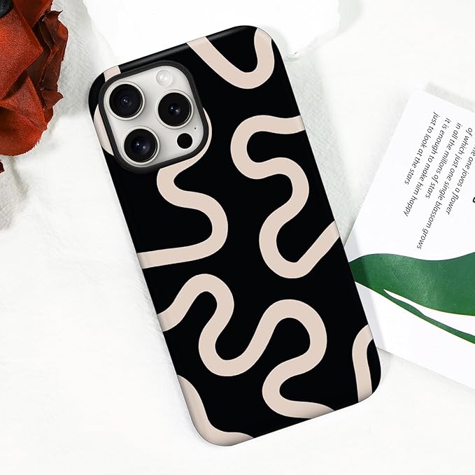 Magnetic for iPhone 15 Pro Max Case Cute Curved Stripes Phone Case, Shockproof Slim TPU and Hard PC Protective Phone Cover Compatible with MagSafe Designed for Women Girls,Black