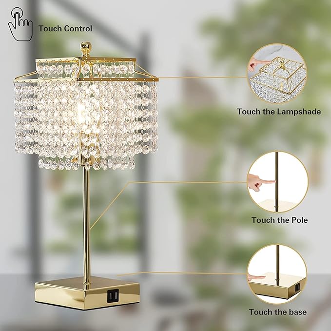 Luvkczc Set of 2 USB Bedside Crystal Table Lamp Gold, Touch Control Lamp, Dimmable Lamp with Crystal Shade for Bedroom, Living Room, 6W LED Bulb Included