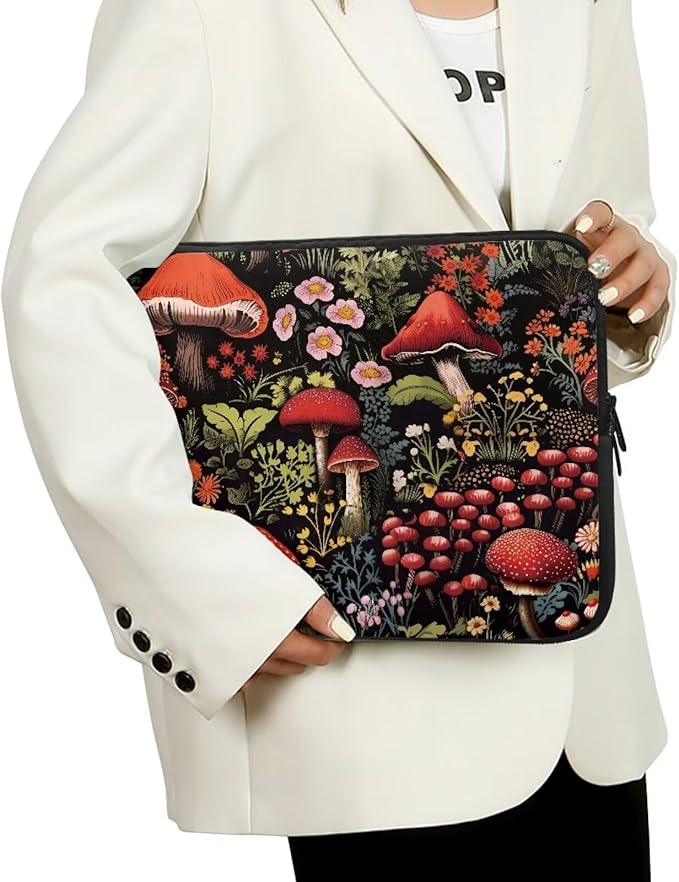 Mushroom Laptop Protective Sleeve for Women Men 12 inch Flower Computer Sleeve Neoprene Laptop Bag Lightweight Lap Top Case Suitable for Travel School Office Organizers Black
