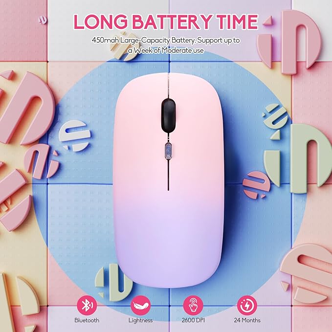 Wireless Bluetooth Mouse,LED Dual Mode Rechargeable Silent Slim Laptop Mouse,Portable(BT5.2+USB Receiver) Dual Mode Computer Mice,for Laptop,Desktop Computer,ipad Tablet,Phone,TV (Pinkish purple)